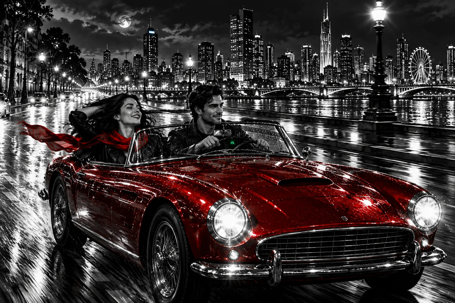 A couple enjoying a nighttime drive in a red convertible, with the black-and-white city stretching behind them.