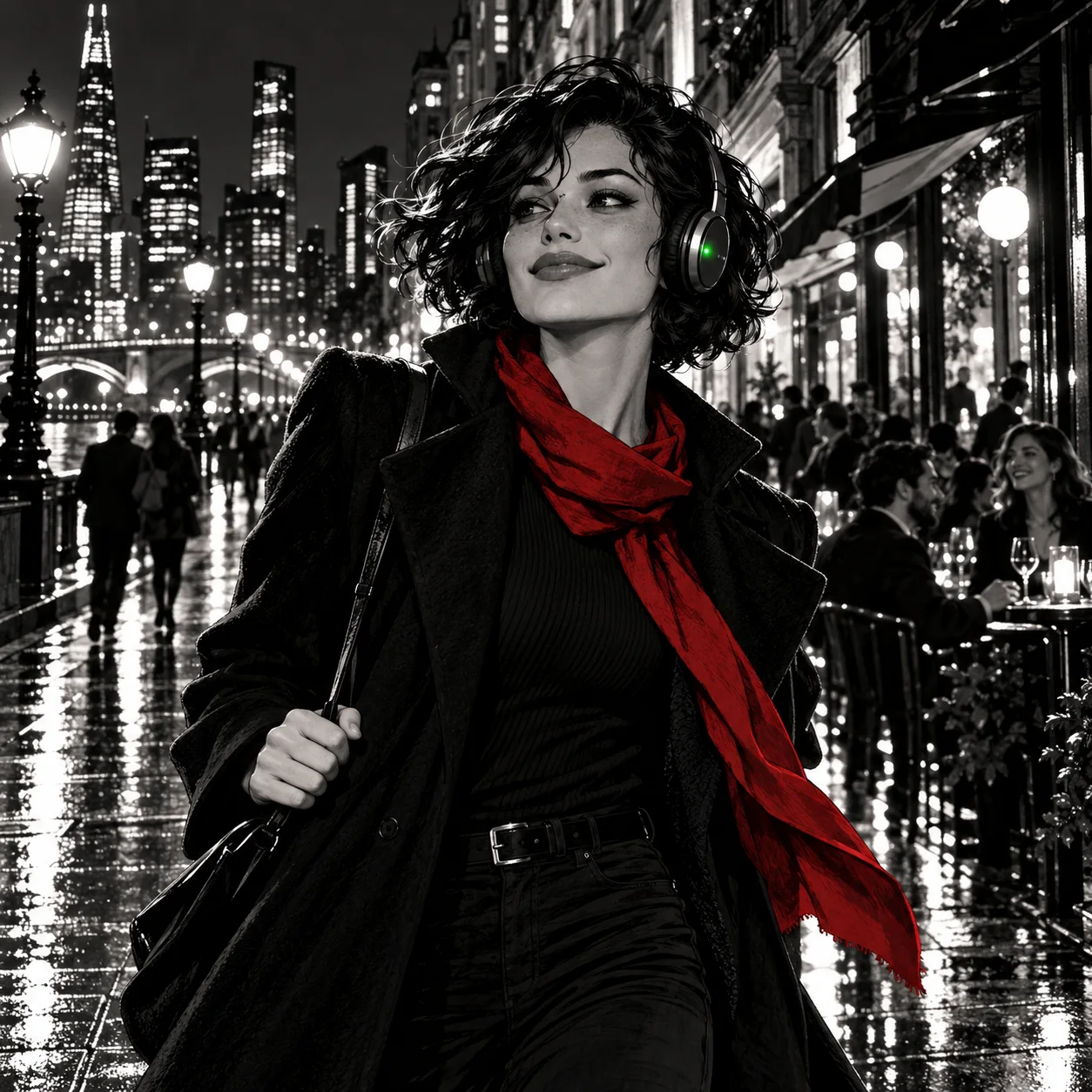 A woman with a red scarf listening to music as she walks through the nighttime city.