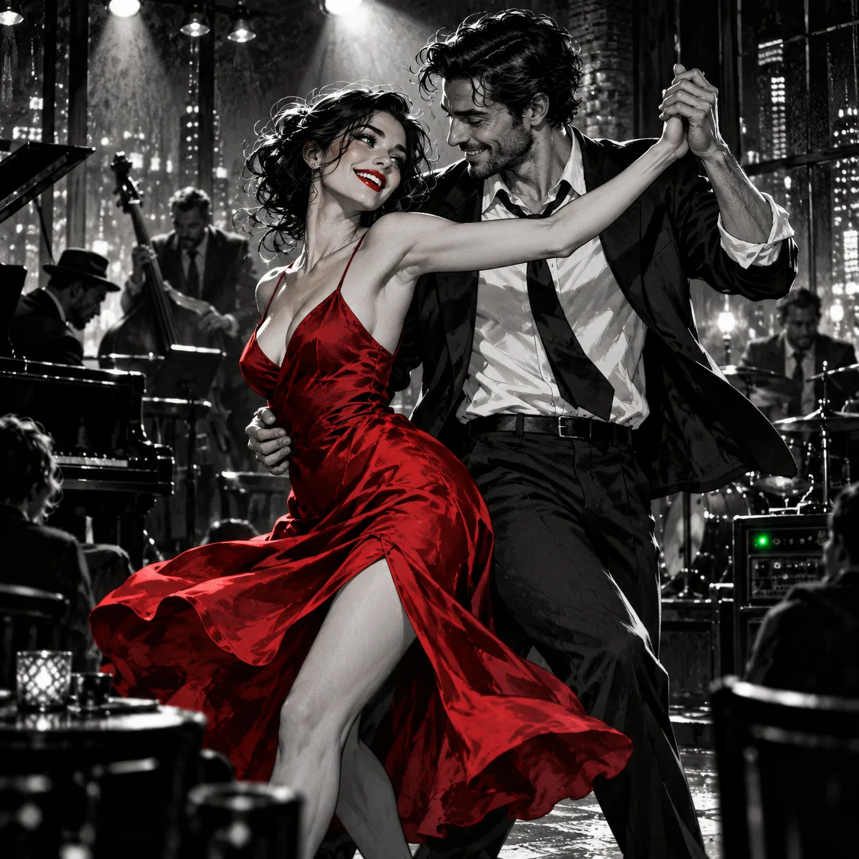 A couple dancing in a nighttime music venue; a red dress stands out against the black-and-white scene.