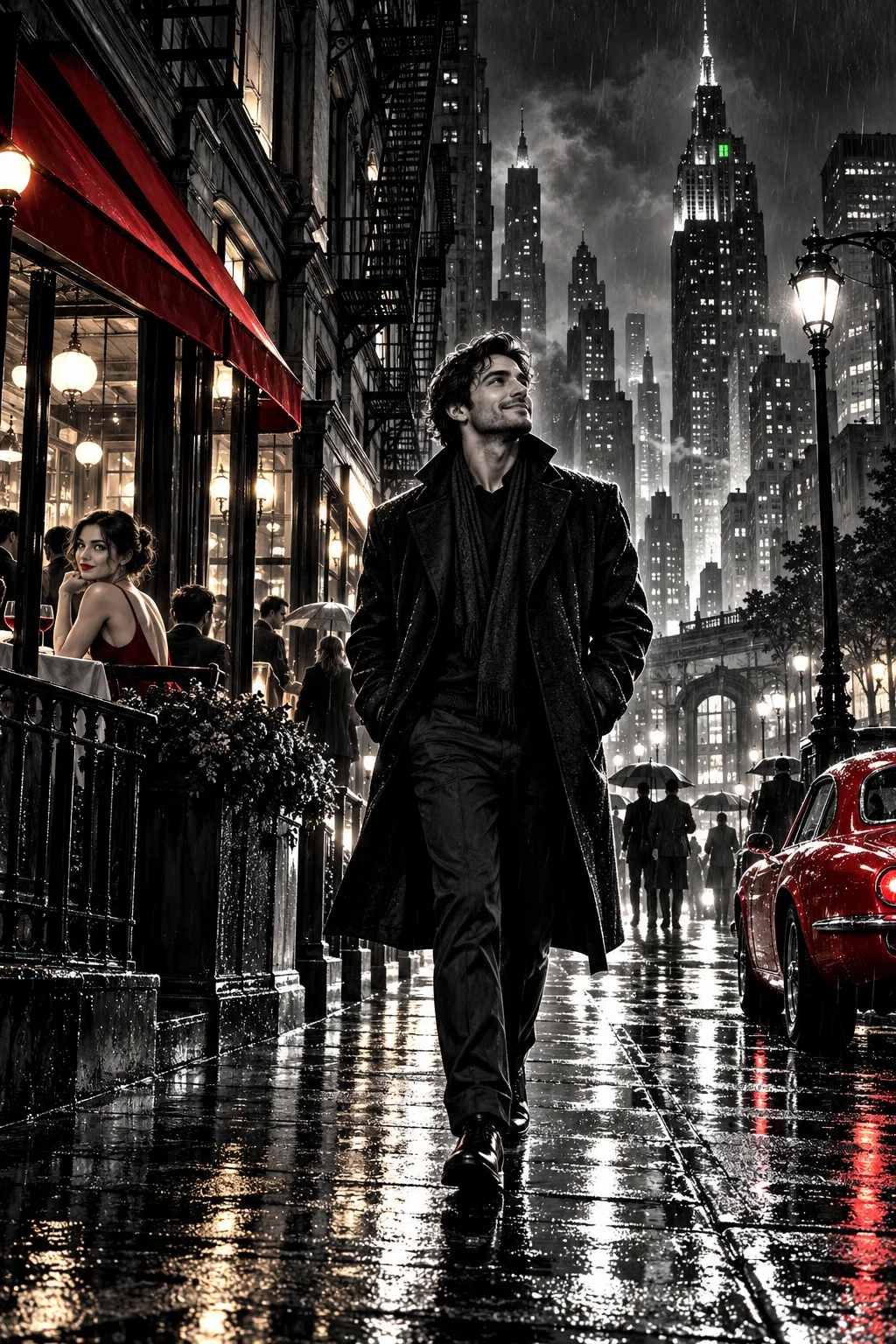 A man in a long dark coat enjoying a nighttime walk through a rain-slicked city.
