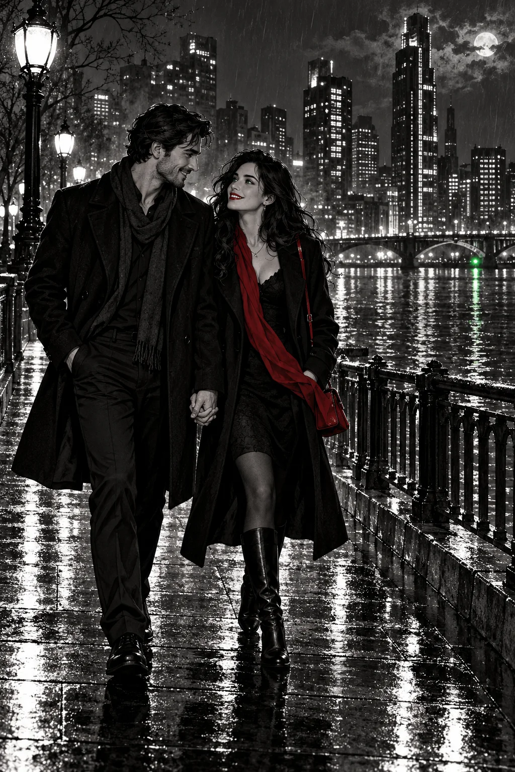 A couple walking hand in hand beside the river at night, sharing a smile.
