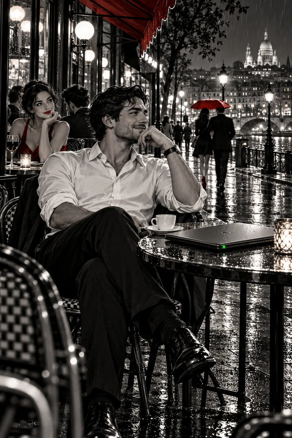 A founder taking a coffee break at a nighttime street cafe, with a closed laptop on the table.