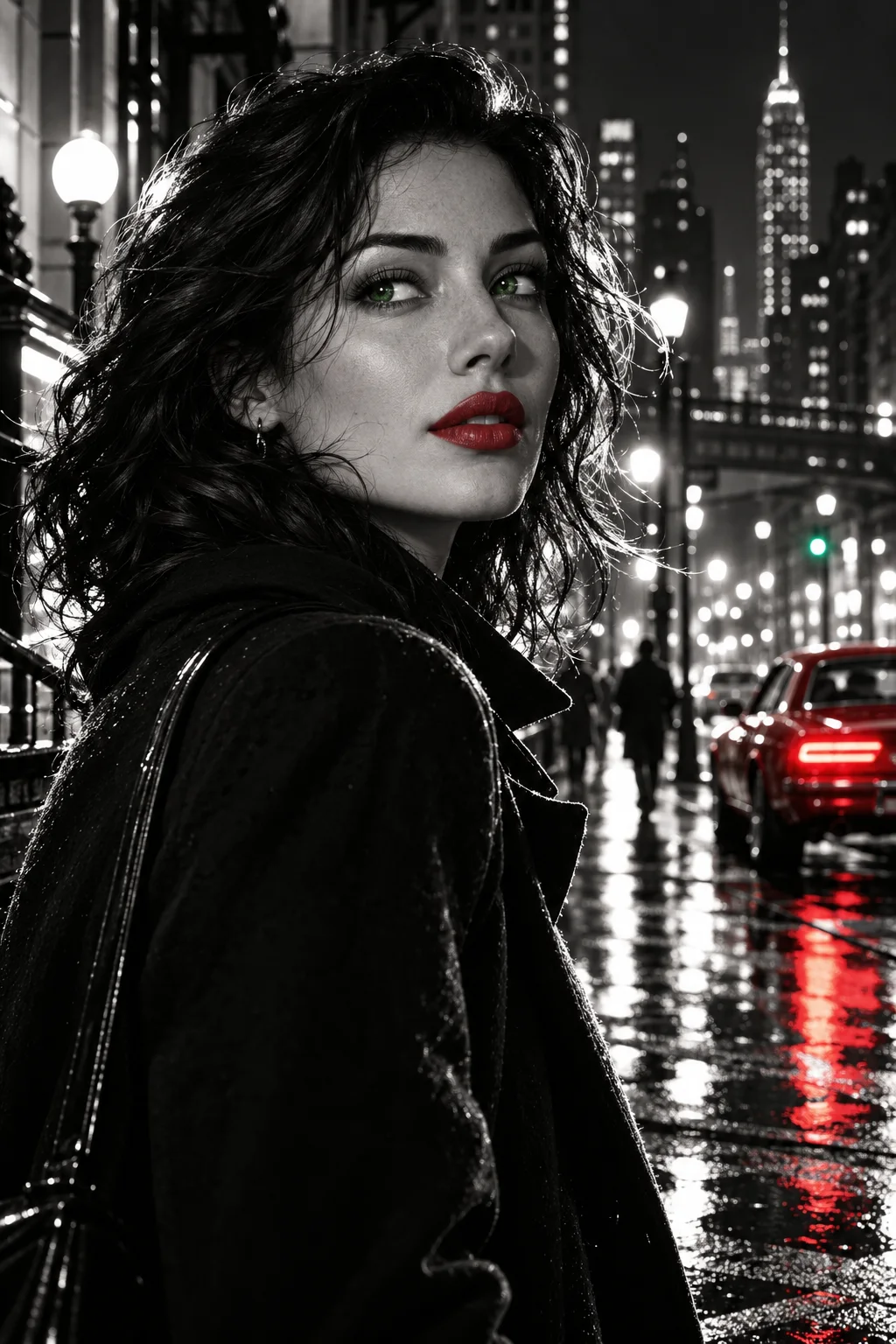 A confident woman with green eyes and red lipstick against the monochrome city lights.